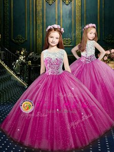 Exquisite Scoop Eggplant Purple Sleeveless Floor Length Beading and Appliques Clasp Handle Flower Girl Dresses