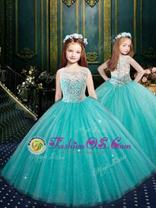 Simple Scoop Sleeveless Tulle Floor Length Clasp Handle Little Girl Pageant Dress in Blue for with Appliques