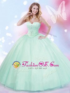 Free and Easy Sleeveless Tulle Floor Length Lace Up 15th Birthday Dress in Apple Green for with Beading