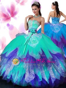 Elegant Tulle Sleeveless Floor Length Quince Ball Gowns and Appliques and Ruffled Layers and Hand Made Flower