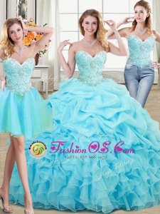 Free and Easy Three Piece Organza Sweetheart Sleeveless Lace Up Beading and Ruffles and Pick Ups Sweet 16 Quinceanera Dress in Aqua Blue