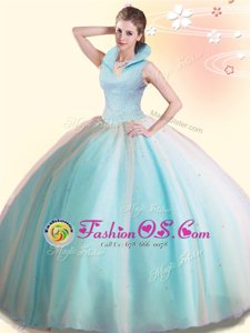 Dazzling Aqua Blue Backless Quinceanera Gowns Beading Sleeveless Floor Length