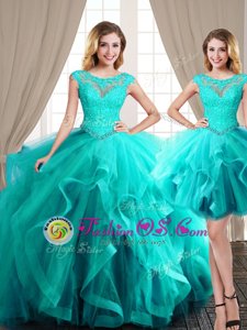 Pretty Three Piece Scoop Aqua Blue Lace Up Sweet 16 Dresses Beading and Appliques and Ruffles Cap Sleeves Floor Length Brush Train