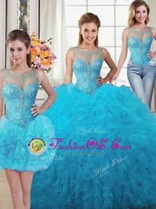 Three Piece Baby Blue Ball Gowns Tulle Scoop Sleeveless Beading and Ruffles Floor Length Lace Up Ball Gown Prom Dress