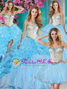 Four Piece Sweetheart Sleeveless Sweet 16 Dresses With Brush Train Beading and Ruffles Baby Blue Organza