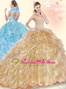 Gorgeous Sleeveless Brush Train Beading and Ruffles Backless Quinceanera Gown