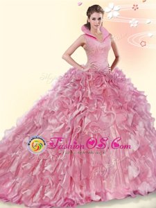 Organza High-neck Sleeveless Brush Train Backless Beading and Ruffles Sweet 16 Dresses in Pink