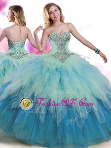 Floor Length White And Purple Quinceanera Dresses Tulle Sleeveless Beading and Ruffles