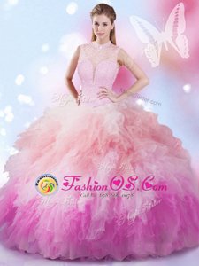 Eye-catching Multi-color Lace Up High-neck Beading and Ruffles Quinceanera Dresses Tulle Sleeveless