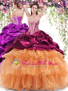 Enchanting Organza and Taffeta Sweetheart Sleeveless Brush Train Lace Up Beading and Ruffled Layers and Pick Ups Vestidos de Quinceanera in Multi-color