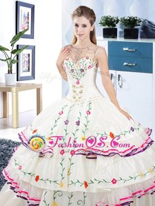 Gorgeous White Quinceanera Dress Military Ball and Sweet 16 and Quinceanera and For with Beading and Embroidery and Ruffled Layers Scoop Sleeveless Lace Up