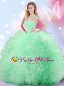 Custom Made Apple Green Sleeveless Floor Length Beading and Ruffles and Sequins Zipper Quince Ball Gowns