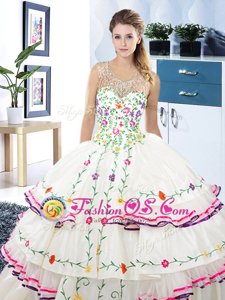 Eye-catching Scoop White Sleeveless Beading and Embroidery and Ruffled Layers Floor Length 15 Quinceanera Dress