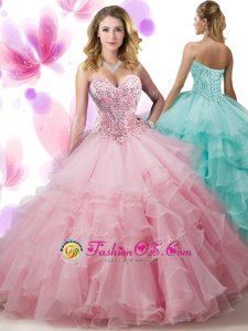 Best Selling Pink Quince Ball Gowns Military Ball and Sweet 16 and Quinceanera and For with Beading and Ruffled Layers Sweetheart Sleeveless Lace Up