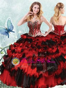 Organza Sweetheart Sleeveless Lace Up Beading and Ruffled Layers and Sequins Quinceanera Gowns in Red And Black