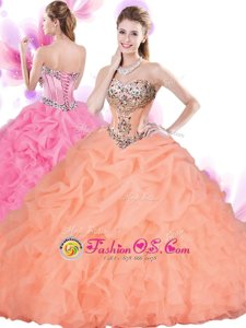 Adorable Orange Red Lace Up Sweetheart Beading and Ruffles Quinceanera Gown Tulle Sleeveless