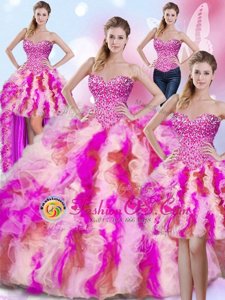 Four Piece Sleeveless Lace Up Floor Length Beading and Ruffles Ball Gown Prom Dress