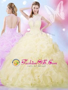 Gorgeous High-neck Sleeveless 15th Birthday Dress Floor Length Beading and Ruffles and Pick Ups Light Yellow Organza