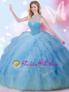 Custom Designed Blue Sleeveless Beading and Ruffles and Sequins Floor Length Sweet 16 Dress