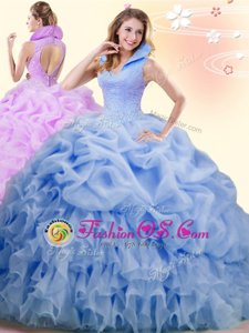 Fitting Blue Ball Gowns Organza High-neck Sleeveless Beading and Ruffles and Pick Ups Backless Ball Gown Prom Dress Brush Train