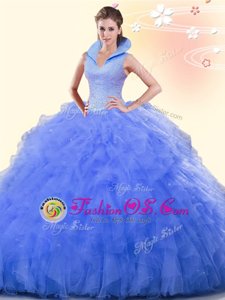 Blue Backless High-neck Beading and Ruffles 15 Quinceanera Dress Tulle Sleeveless