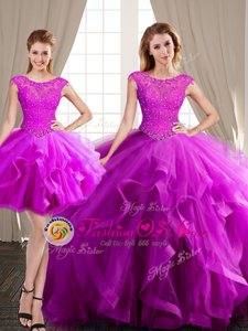 Three Piece Scoop Fuchsia Cap Sleeves Tulle Brush Train Lace Up Quinceanera Dresses for Military Ball and Sweet 16 and Quinceanera