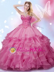 Affordable Beading Vestidos de Quinceanera Rose Pink Lace Up Sleeveless Floor Length