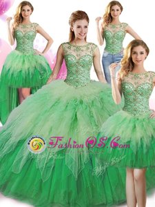 Comfortable Four Piece Scoop Floor Length Ball Gowns Sleeveless Green Quinceanera Dress Lace Up