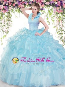 Baby Blue Organza Backless 15 Quinceanera Dress Sleeveless Floor Length Beading and Ruffled Layers