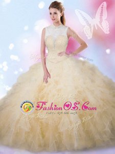 High-neck Sleeveless Ball Gown Prom Dress Floor Length Beading and Ruffles Champagne Tulle