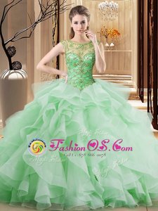 Noble Fabric With Rolling Flowers Scoop Sleeveless Sweep Train Lace Up Beading Sweet 16 Dress in Multi-color