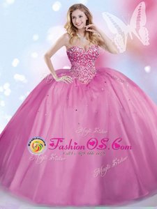 Romantic Scoop Sleeveless Quince Ball Gowns Floor Length Beading and Ruffles Hot Pink Tulle