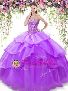 Best Sleeveless Floor Length Beading and Ruffled Layers Lace Up Sweet 16 Dresses with Lavender