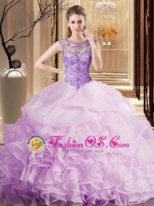 Lilac Ball Gowns Scoop Sleeveless Organza Brush Train Lace Up Beading and Ruffles and Pick Ups Quinceanera Gowns