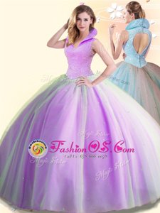 Beauteous Lilac High-neck Backless Beading 15th Birthday Dress Sleeveless