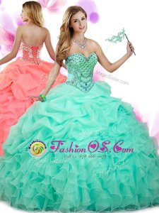 Graceful Floor Length Apple Green Ball Gown Prom Dress Organza Sleeveless Beading and Ruffles and Pick Ups