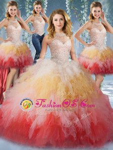 Smart Four Piece Multi-color Ball Gowns Tulle Halter Top Sleeveless Beading and Ruffles Floor Length Lace Up 15 Quinceanera Dress