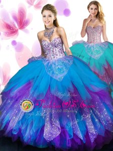 Luxury Purple Sleeveless Tulle Lace Up Quinceanera Dress for Military Ball and Sweet 16 and Quinceanera