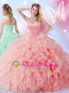 Suitable Watermelon Red Ball Gowns Organza Sweetheart Sleeveless Beading and Ruffles Floor Length Lace Up Vestidos de Quinceanera