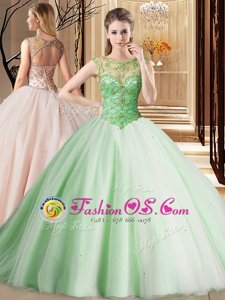 Nice Scoop Apple Green Ball Gowns Beading Quince Ball Gowns Lace Up Tulle Sleeveless