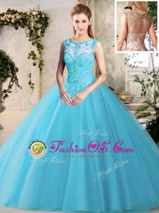 Inexpensive Scoop Sleeveless Lace Up 15 Quinceanera Dress Baby Blue Tulle