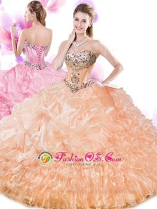Pick Ups Ruffled Floor Length Orange 15th Birthday Dress Sweetheart Sleeveless Lace Up