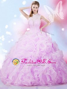 Deluxe Pick Ups Lilac Sleeveless Organza Lace Up Vestidos de Quinceanera for Military Ball and Sweet 16 and Quinceanera
