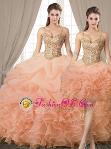 Colorful Three Piece Floor Length Peach Quince Ball Gowns Organza Sleeveless Beading and Ruffles and Pick Ups