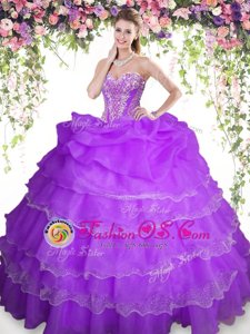 Traditional Floor Length Lace Up Quinceanera Gown Purple and In for Military Ball and Sweet 16 and Quinceanera with Beading and Ruffled Layers and Pick Ups