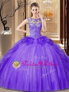 Excellent Purple Scoop Neckline Sequins Ball Gown Prom Dress Sleeveless Lace Up