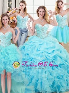 Stylish Four Piece Aqua Blue Ball Gowns Beading and Ruffles and Pick Ups 15th Birthday Dress Lace Up Organza Sleeveless Floor Length
