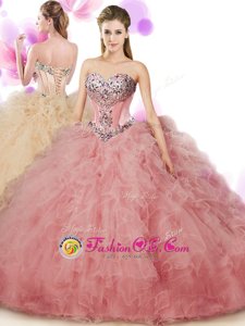 Discount Peach Ball Gowns Beading and Ruffles Sweet 16 Quinceanera Dress Lace Up Tulle Sleeveless Floor Length