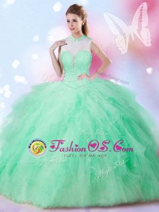 High-neck Sleeveless Lace Up Quinceanera Dresses Apple Green Tulle