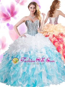 Floor Length Lace Up 15th Birthday Dress Blue And White and In for Military Ball and Sweet 16 and Quinceanera with Beading and Ruffles